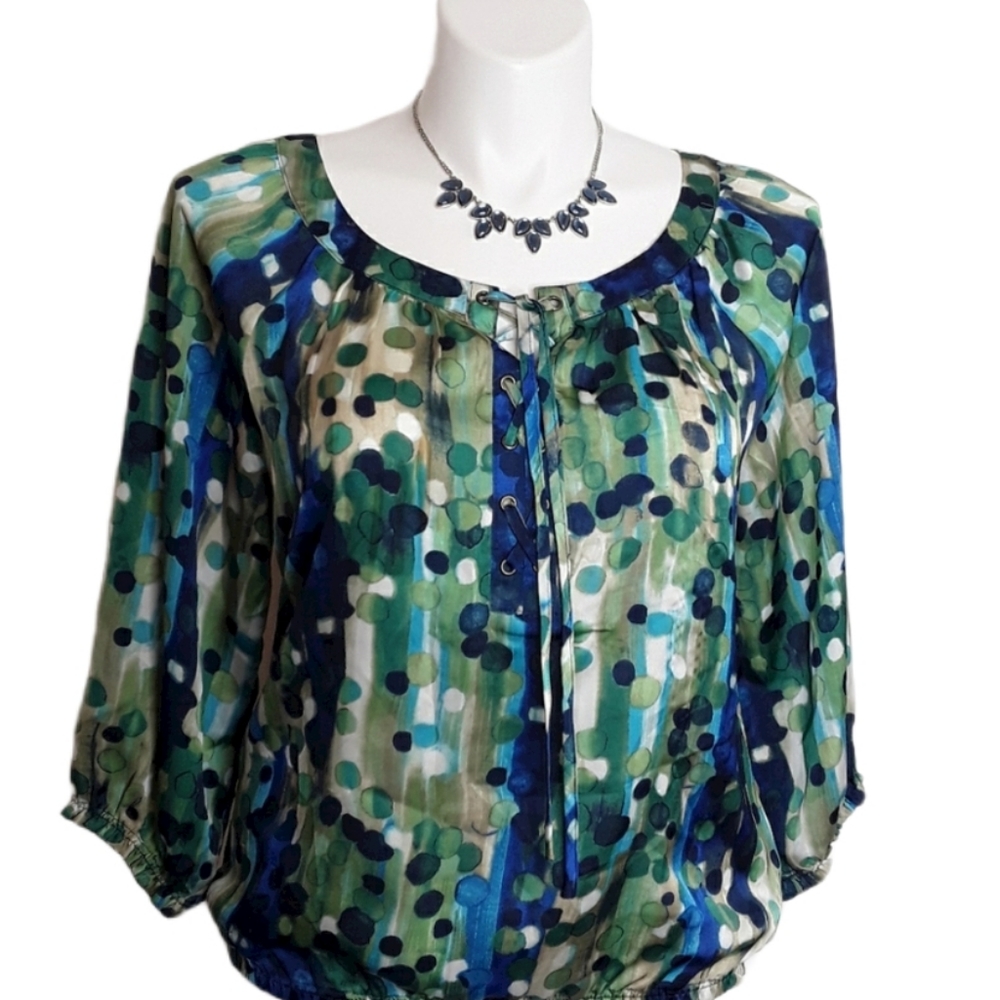 Dress Barn Polka Dot Wearable Art Colorful Blue Green Pattern Blouse EUC sz L